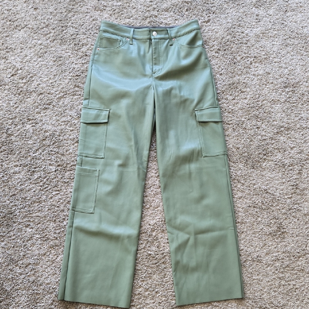 Green Vegan Leather Wide Leg Utility Pants